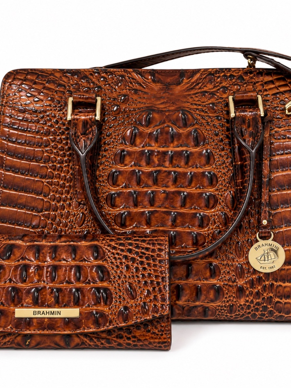 Brahmin Brown Croc-Embossed Satchel with Matching Wallet